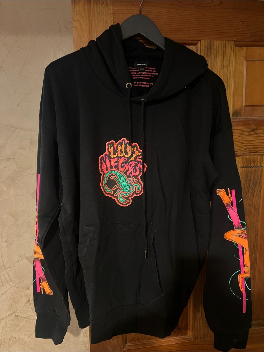 Diesel Black Hoodie with Neon Pink and Orange Graphics